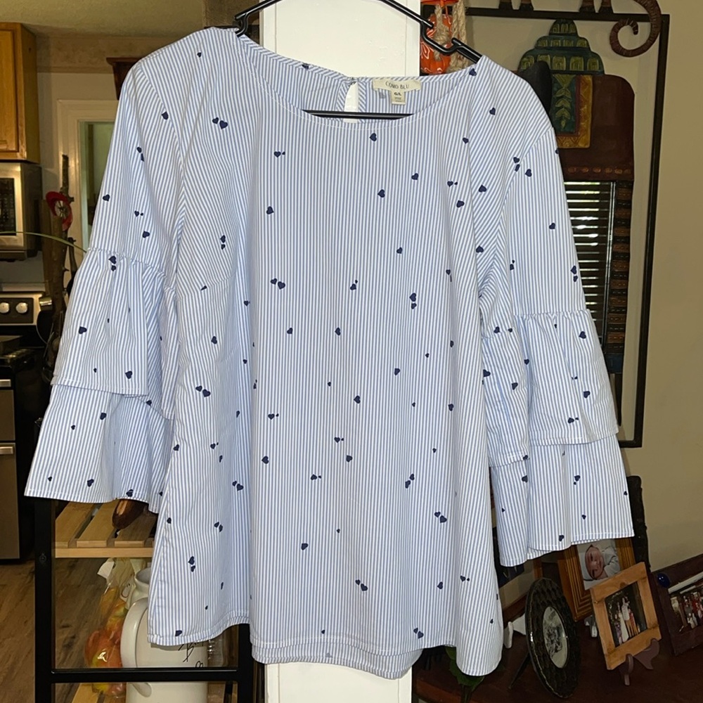 Como Blu - Blue Striped Blouse with Hearts - L